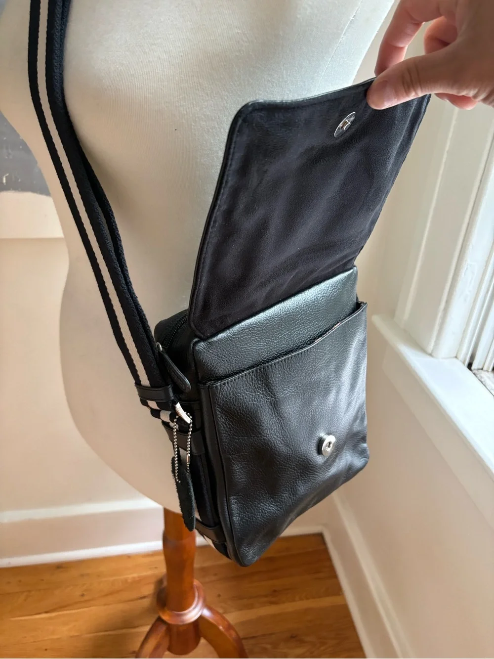 Picard Black Leather Messenger Bag with Striped Adjustable Strap